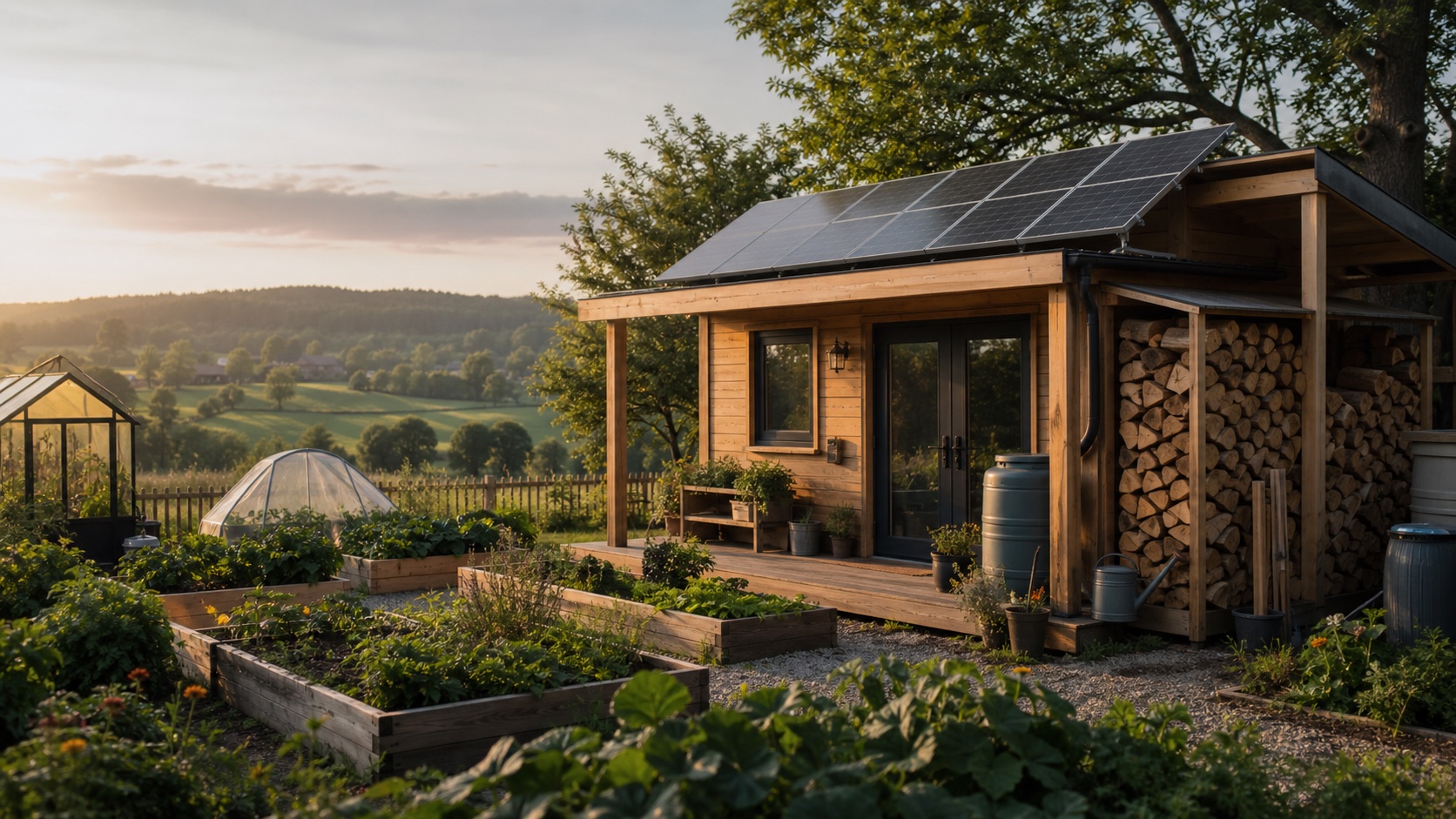 Gartenhaus mit Solarpanel, Hochbeeten, Regenfass und Selbstversorger-Garten