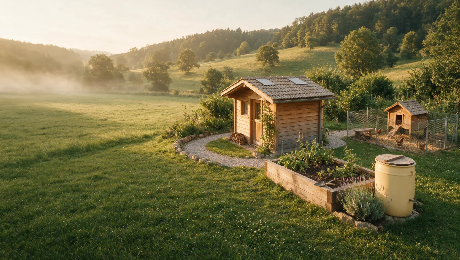 Selbstversorger-Garten mit Gartenhaus, Solarpanel, Hochbeet, Regenfass und Hühnerstall